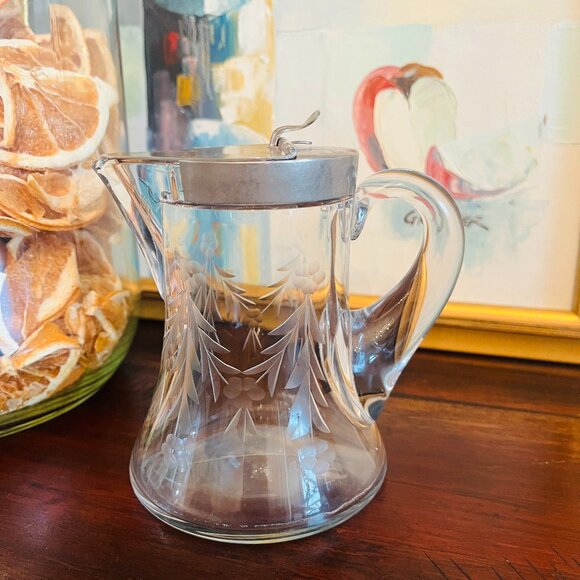 Antique Heisey Glass Syrup 1910 Victorian Hand Etch Cottagecore Colony Pat'D - Picture 1 of 9